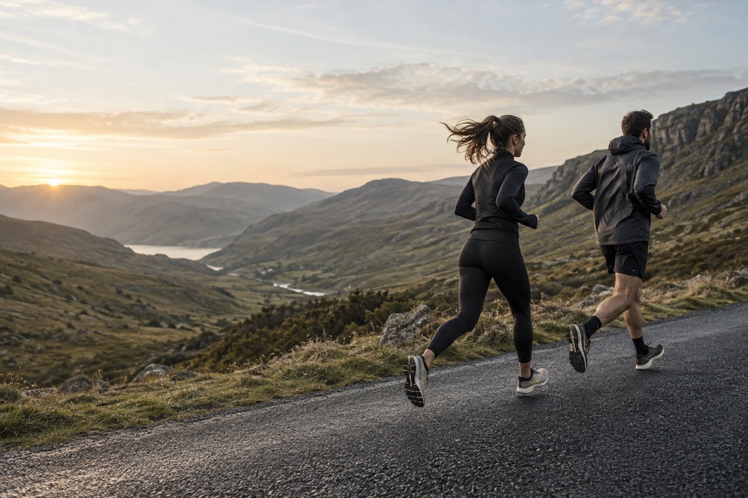 Two runners sharing a quiet mountain road at sunrise